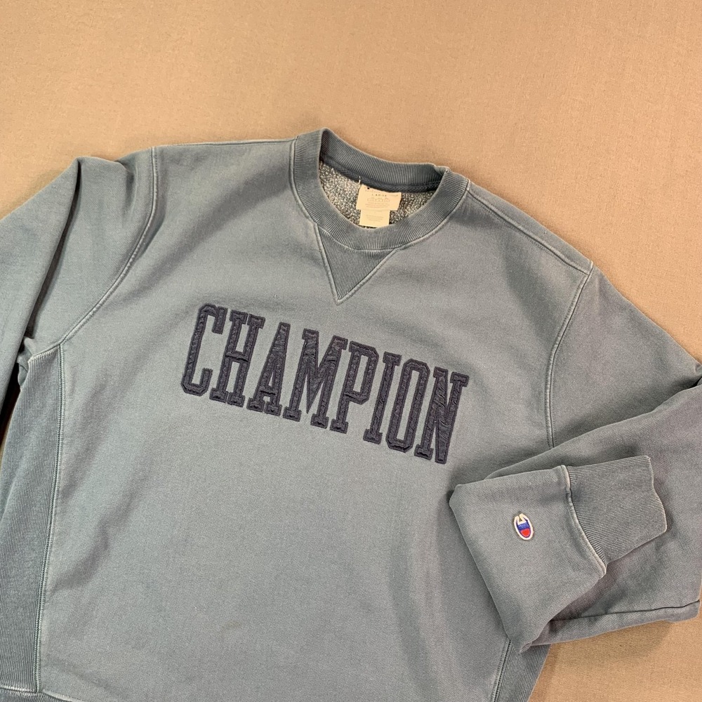 Champion Reverse Weave Sweatshirt Men LG Blue Crewneck Fleece Spellout Oversized